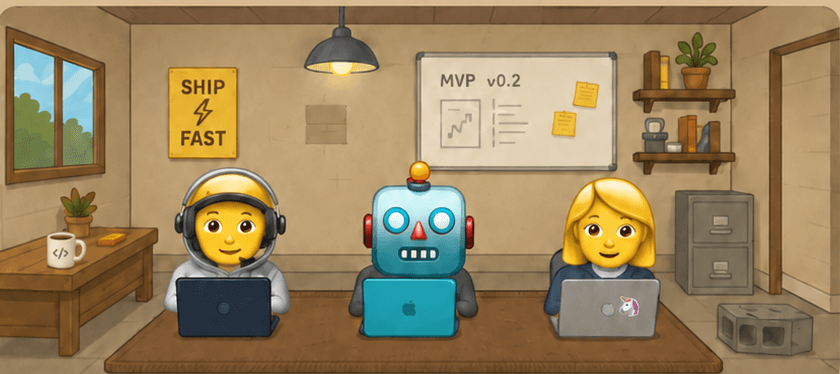 El garage del juego: dos personas y un agente de IA trabajando con sus laptops